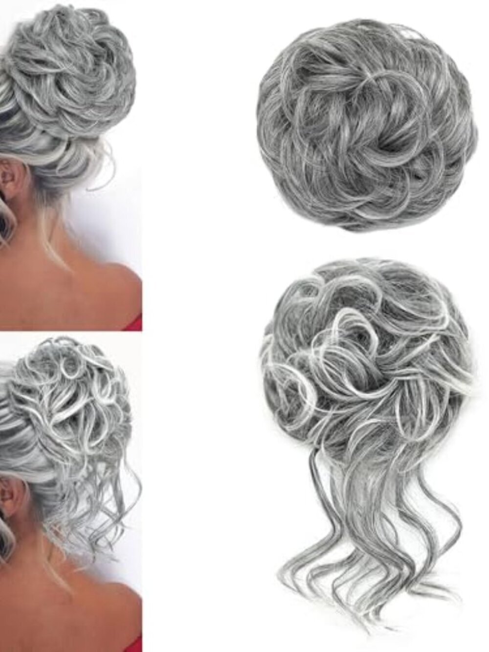 BRAND NEW 2pcs Messy Bun Hair Piece Synthetic Fiber Black Mix Silver Gray